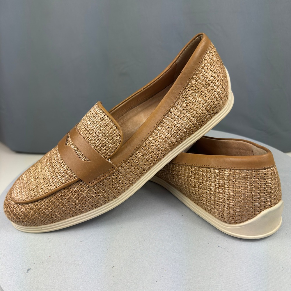 Brioso Monique Penny Loafers Womens 8.5M Tan Woven Straw Leather Trim Flat
